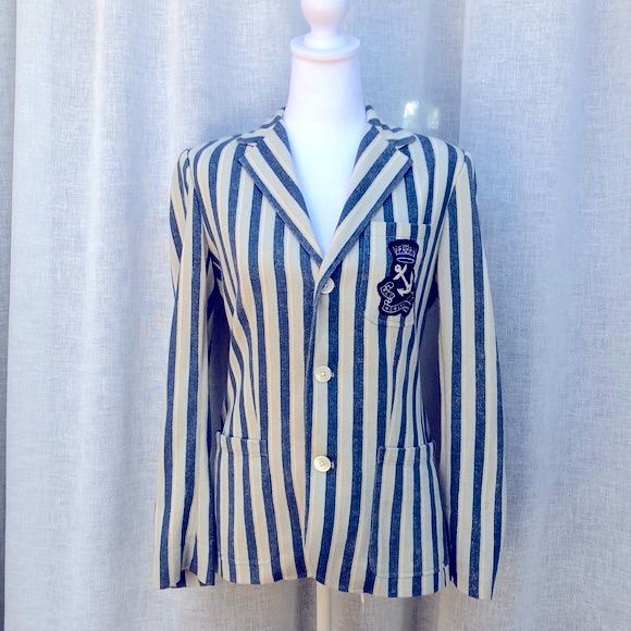 Ralph Lauren Blue Label Off White Navy Striped BlazerJacket With Crest